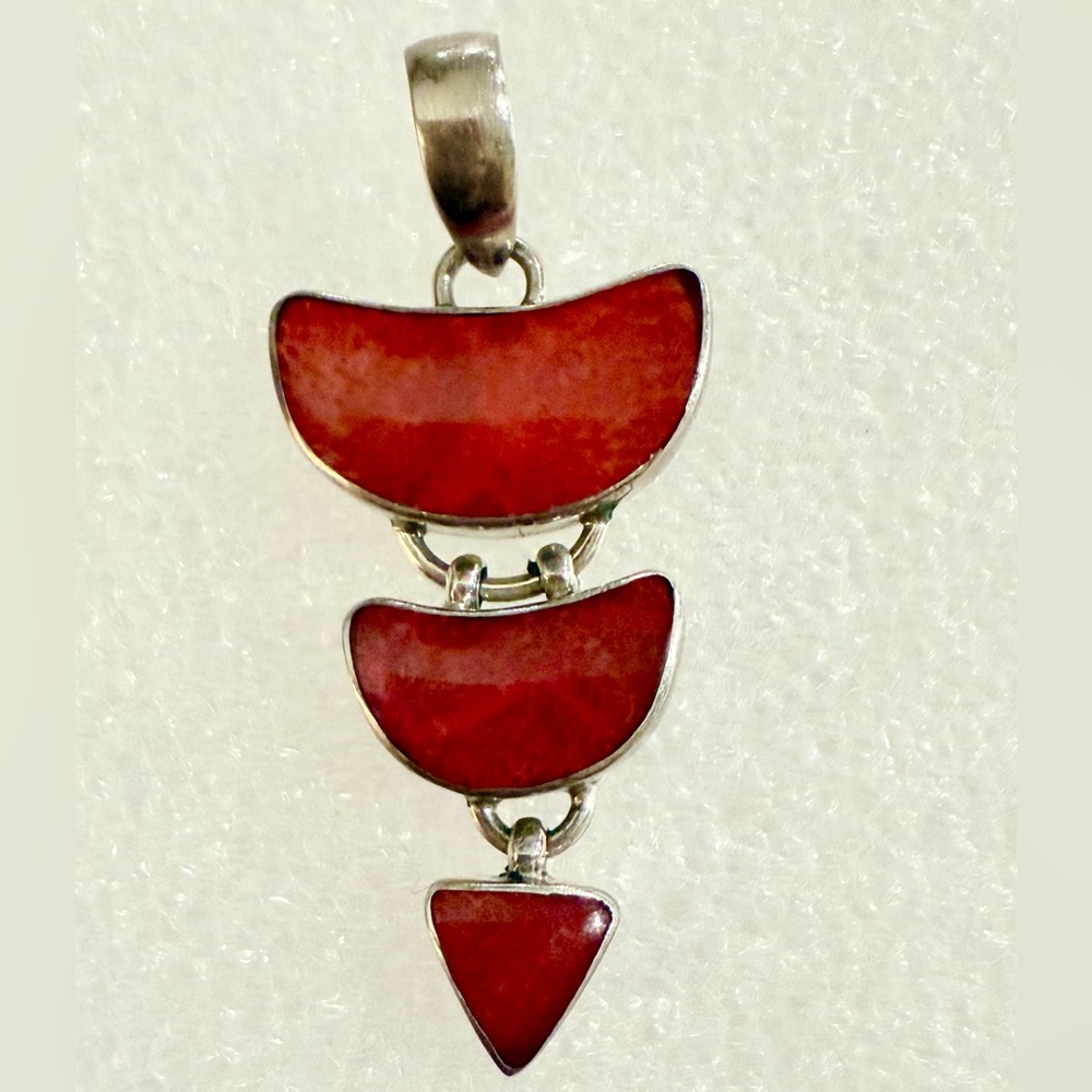 Southwestern Sterling Silver Mediterranean Red Coral Vintage Chandelier Pendant - Picture 3 of 7